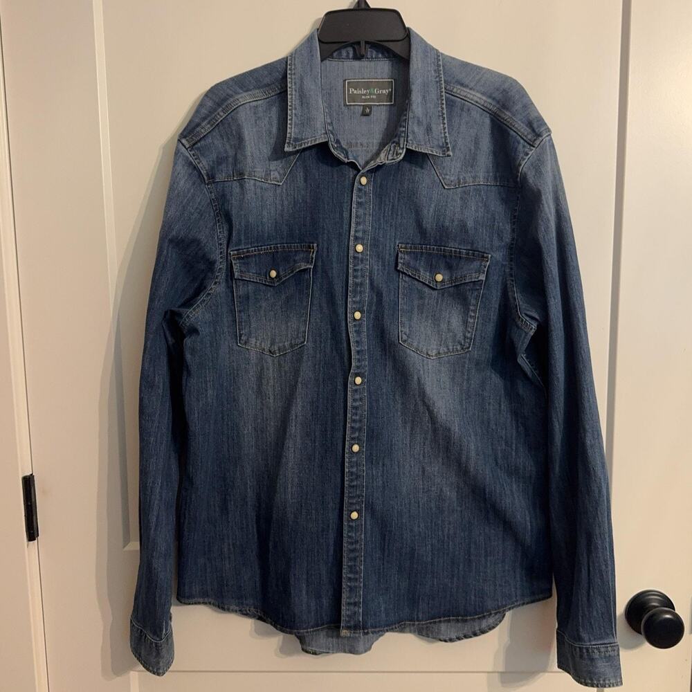 Paisley & Gray Shirt Sz L Blue Denim Snap Western Slim Fit Pockets Casual Rodeo
